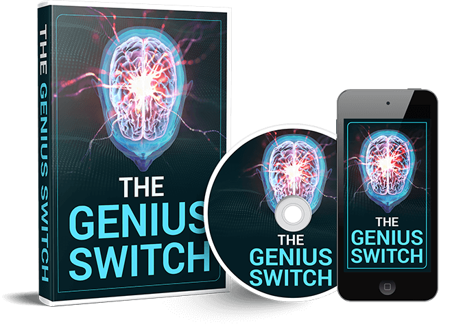 The Genius Switch audio program — product box, CD, and phone showing the brain activation graphic