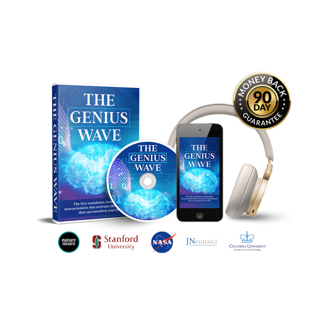Genius Wave audio program — product box, CD, phone, and headphones with money-back guarantee badge